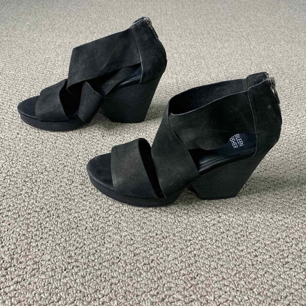 Eileen‎ Fisher Womens Sandals Size 7.5 Black Leather Crisscross Vamp Platform
